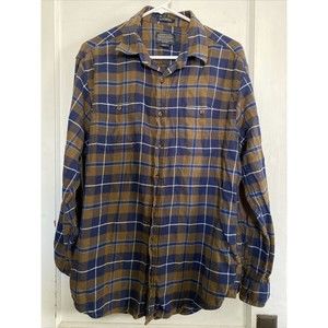 Pendleton Men's Large Hawthorne Plaid Flannel Shirt w Elbow Patches Brown Blue